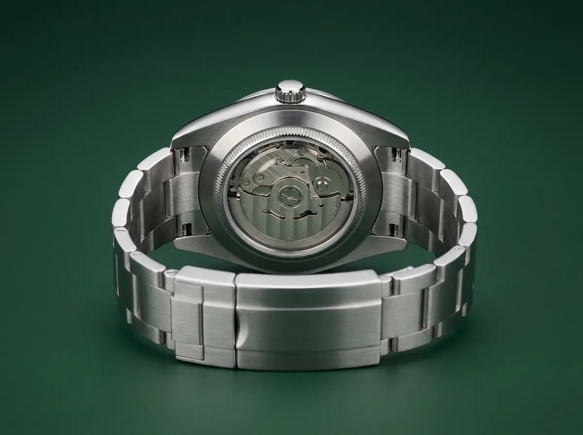 Caseback view showing the NH34 automatic movement